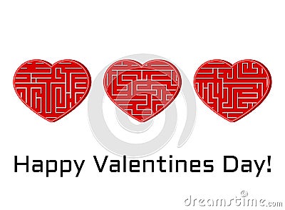 Greeting card with set of isolated vector hearts with maze labyrinth Vector Illustration