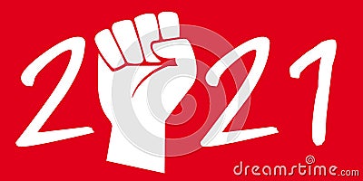 Greeting card 2021 with social conflict concept, presenting raised fist symbol on red background Stock Photo