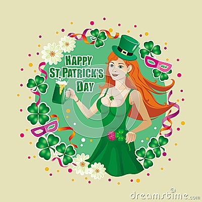 Greeting card for St. Patrick`s Day with a beautiful girl and in Stock Photo