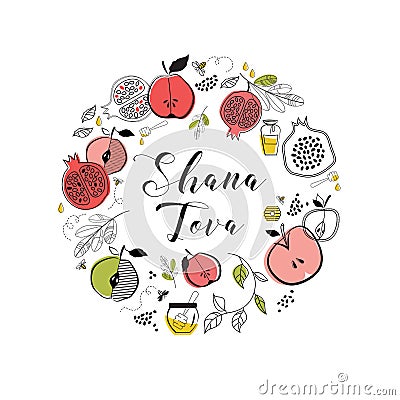 Greeting card with symbols of Jewish holiday Rosh Hashana , New Year. blessing of Happy new year, shana tova. vector Vector Illustration