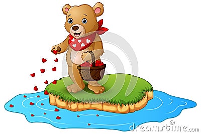 Greeting card teddy bear cartoon with a basket of red heart in an island Vector Illustration