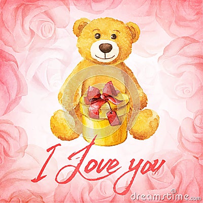 Greeting card. Teddy bear with a gift on a background of pink roses. Watercolor vector illustration. Vector Illustration