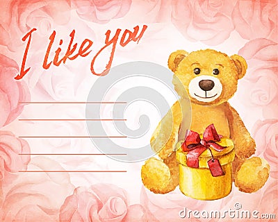 Greeting card. Teddy bear with a gift on a background of pink roses. Watercolor vector illustration. Vector Illustration