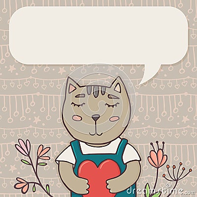 Greeting card template with cat and place for text Vector Illustration