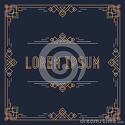 Greeting card template cover design square shape geometric art deco style with gold frame Vector Illustration