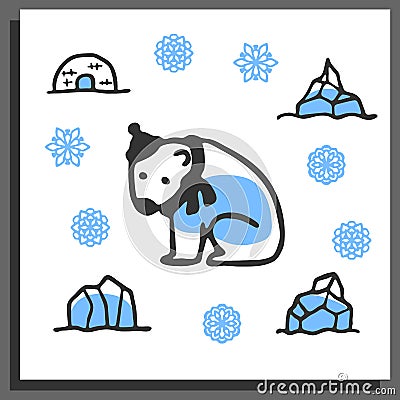 Greeting card template with cute doodle polar bear Vector Illustration