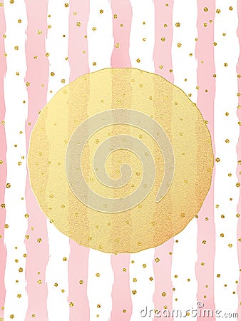 Greeting card template. Gold glitter foil dots confetti on striped white and pink watercolor background. EPS 10 Vector Illustration