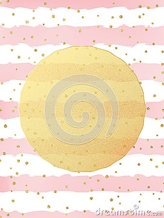 Greeting card template. Gold glitter foil dots confetti on striped white and pink watercolor background. EPS 10 Vector Illustration