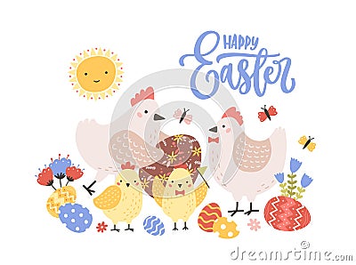 Greeting card template with Happy Easter holiday wish handwritten with calligraphic script, family of funny cute hens Vector Illustration