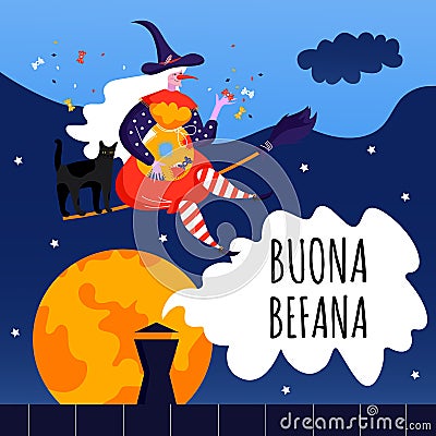 Greeting card with text Buona Befana. Cute witch and cat for Happy Epiphany day. Vector Illustration