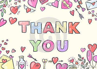 Greeting Card `Thank you` with romantic doodle Vector Illustration