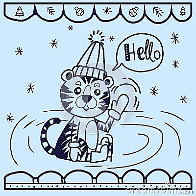 Greeting card with tiger wearing skates saying - Hello Vector Illustration