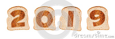 2019 greeting card on toasted slices of bread isolated on white Stock Photo