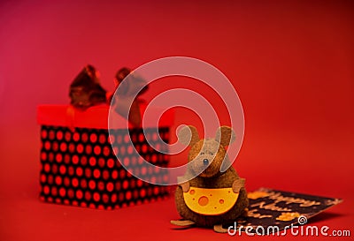 Greeting card with a toy mouse, the symbol of 2020 Stock Photo