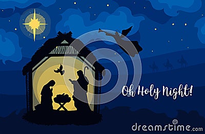 Greeting card of Traditional Christian Christmas Nativity Scene of baby Jesus in the manger with Mary and Joseph in Vector Illustration