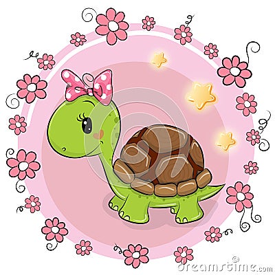 Turtle with flowers on a pink background Vector Illustration