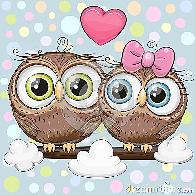 Greeting card with Two cute Cartoon Owls Vector Illustration