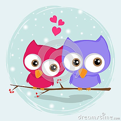 Greeting card two loving owls, happy birds are sitting on a tree. Vector Illustration