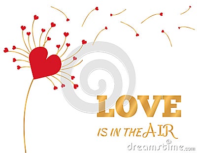 Greeting card of Valentine day with dandelion flower and hearts, petals flying in the wind. Vector Illustration