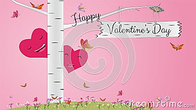 Greeting card for Valentine`s Day with birch, flowers, butterflies and hearts in pink. Vector Illustration