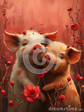 Greeting card on Valentine's Day with a couple of pigs in love Stock Photo