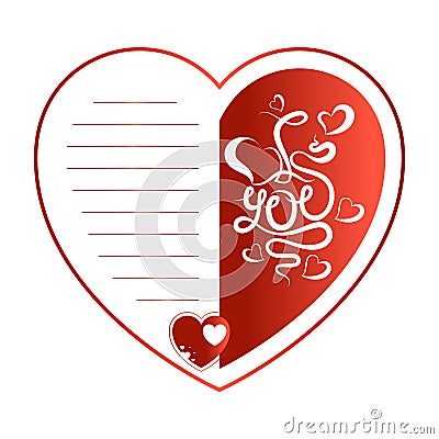 Greeting card for Valentine`s Day. Red heart with the lettering and lines for text. Vector Illustration