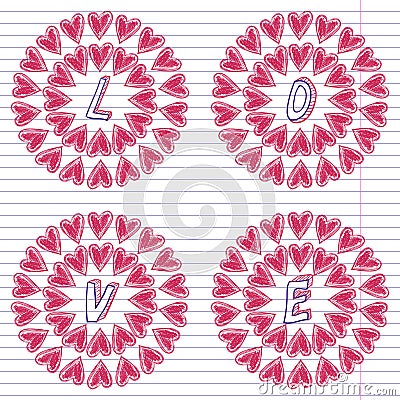 Greeting card for Valentine's day, sketch on a school note book Vector Illustration
