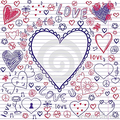Greeting card for Valentine's day, sketch on a school note book Vector Illustration