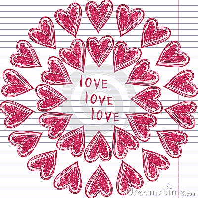 Greeting card for Valentine's day, sketch on a school note book Vector Illustration