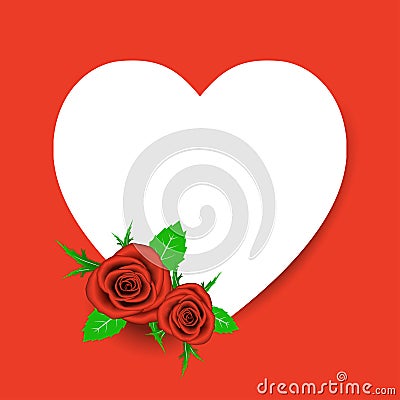 Greeting card of Valentine`s Day with white paper heart shape and red rose. Concept Valentine`s Day. Vector Illustration