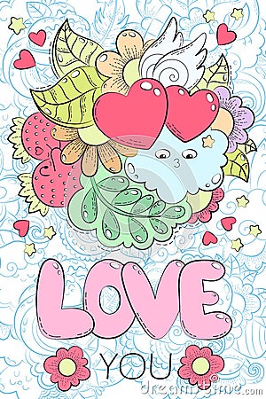 Greeting card for valentines day, birthday, save the date invitation. Cartoon doodle illustration. Romance, kiss and hug Vector Illustration