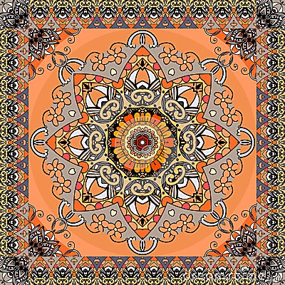 Greeting card or vintage bandana print with stylized sun mandala and ornamental frame on orange background. Ethnic pattern Vector Illustration