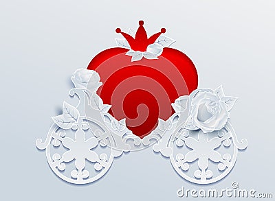 Greeting card wedding carriage shaped heart and rose flowers Vector Illustration