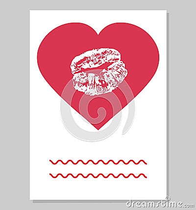 Greeting card or wedding invitation. Imprint of female lips in red heart shape. Vector illustration Vector Illustration