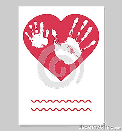 Greeting card. White imprint of baby palm hand and man palm in red heart shape. Handprints of son and father. Vector illustration Vector Illustration