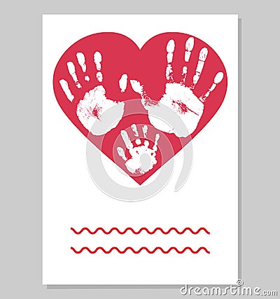 Greeting card. White imprint of baby palm hand and mother palm hand and father palm in red heart shape. Handprints of family. Vector Illustration