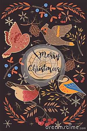 Greeting card with winter birds and the inscription Merry Christmas. Vector graphics Stock Photo