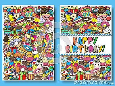 Greeting cards birthday party templates with sweets doodles background. Vector illustration. Vector Illustration