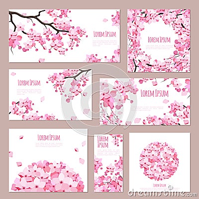 Greeting cards with blossoming sakura Vector Illustration