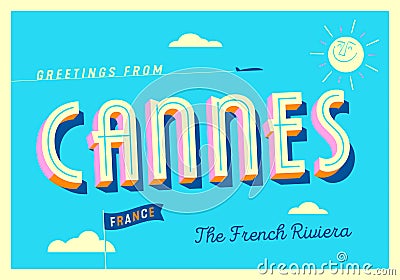 Greetings from Cannes, France Postcard Vector Illustration