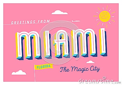 Greetings from Miami, Florida, USA - The Magic City - Touristic Postcard Vector Illustration