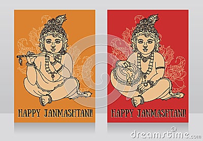 Greeting cards for happy janmashtami with baby Krishna Vector Illustration