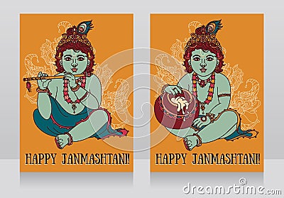 Greeting cards for happy janmashtami with baby Krishna Vector Illustration