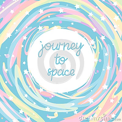 Cartoon vector illustration of space, universe, stars and isolated text Journey To Space. Vector Illustration