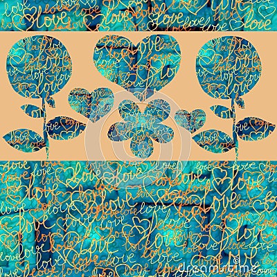 Abstract Collage hearts and flowers on a color background. Stock Photo