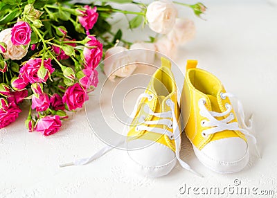 Greeting children form with yellow booties Stock Photo