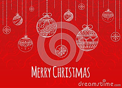 Greeting Christmas card with balls decorated doodle pattern Vector Illustration