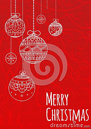 Greeting Christmas card with balls decorated doodle pattern Vector Illustration