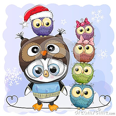 Cute Cartoon Penguin and five Owls Vector Illustration