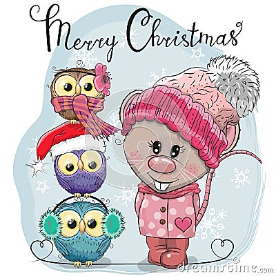 Greeting Christmas card Cute Rat and three Owls Vector Illustration